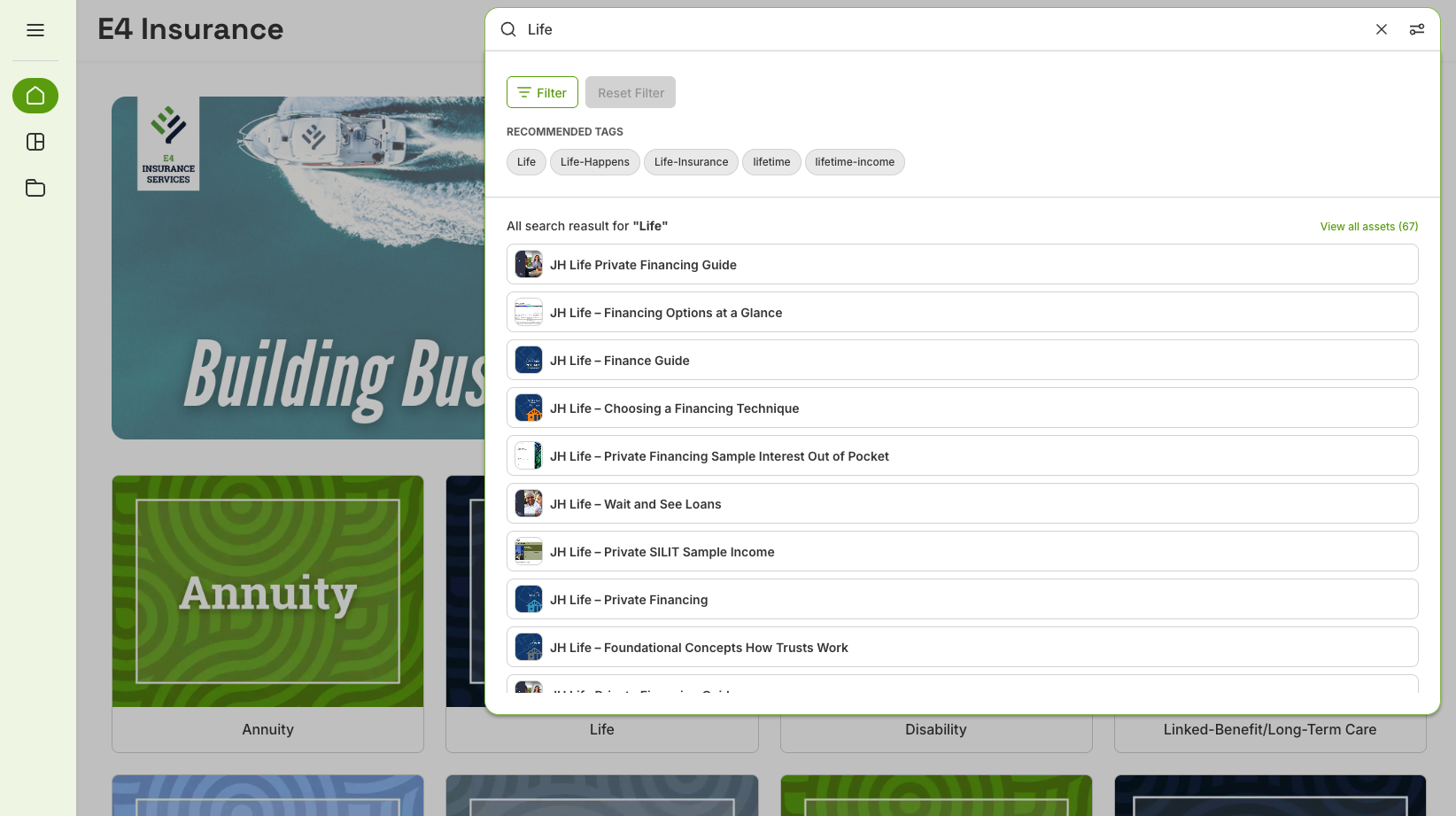 Brand portal search overlay showing results for 'Life' with tag recommendations