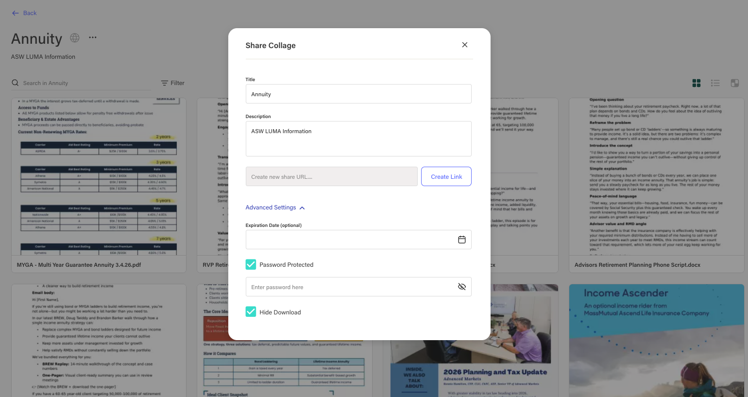 Share Collage dialog showing share link settings with title, URL, password, and download options