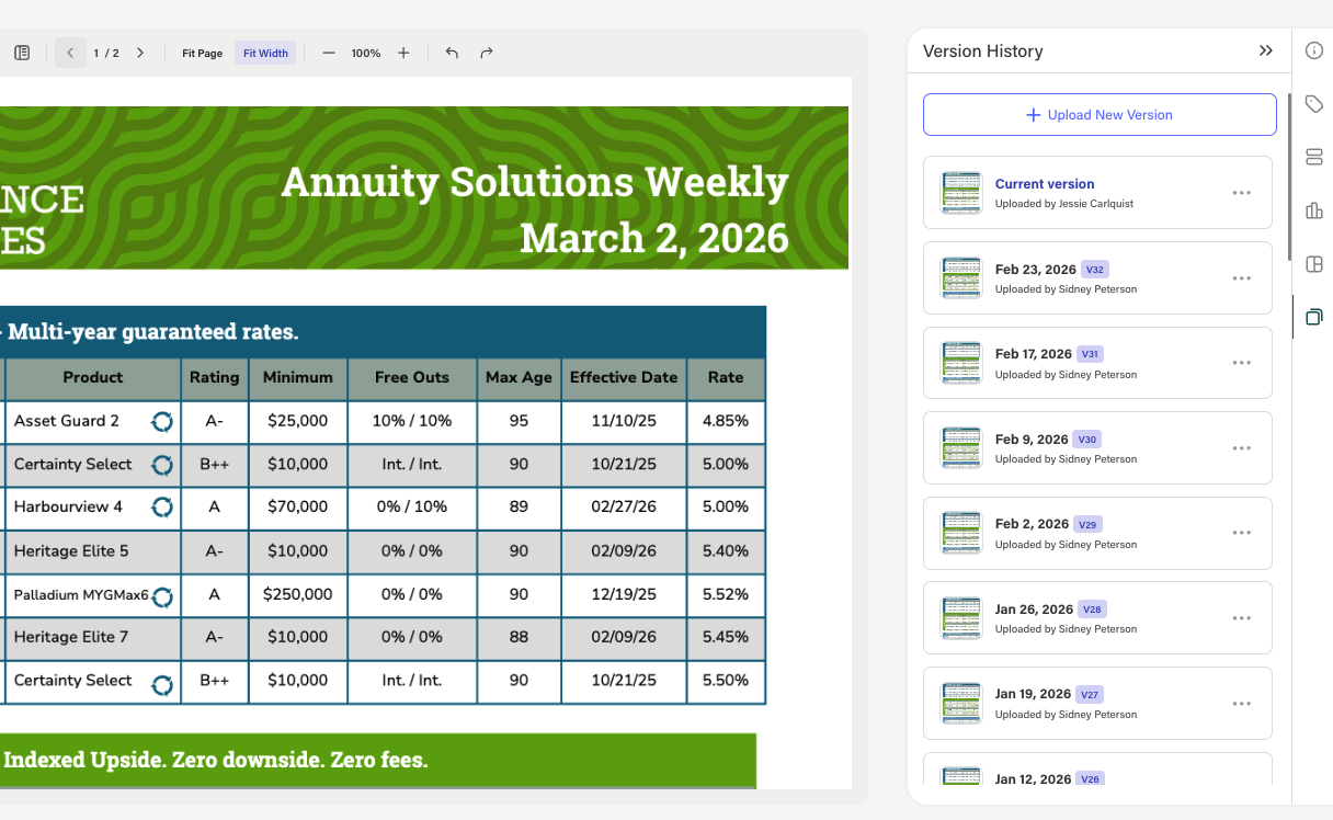 Annuity Solutions Weekly report with version history panel showing multiple weekly updates