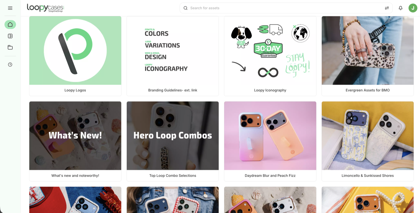 The branded Loopy Cases portal with collage tiles for Loopy Logos, Branding Guidelines, Iconography, evergreen assets, and product lines like Hero Loop Combos