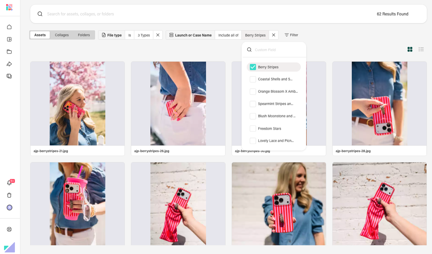 Collage search filtered by the 'Berry Stripes' tag — 62 results of matching product photos, with a tag dropdown of related loop combos
