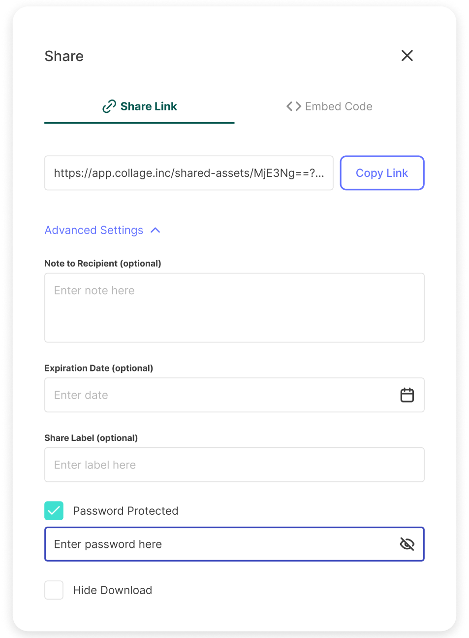 Share overlay dialog with link settings and permissions