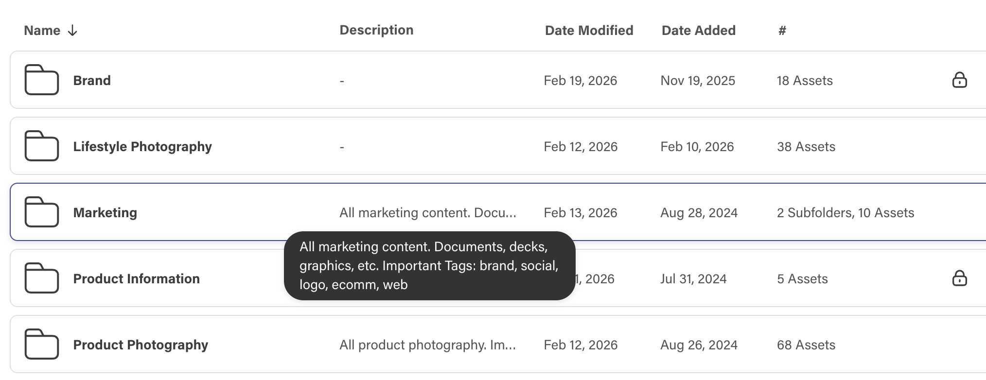 Folder list view showing Brand, Lifestyle Photography, Marketing, Product Information, and Product Photography folders
