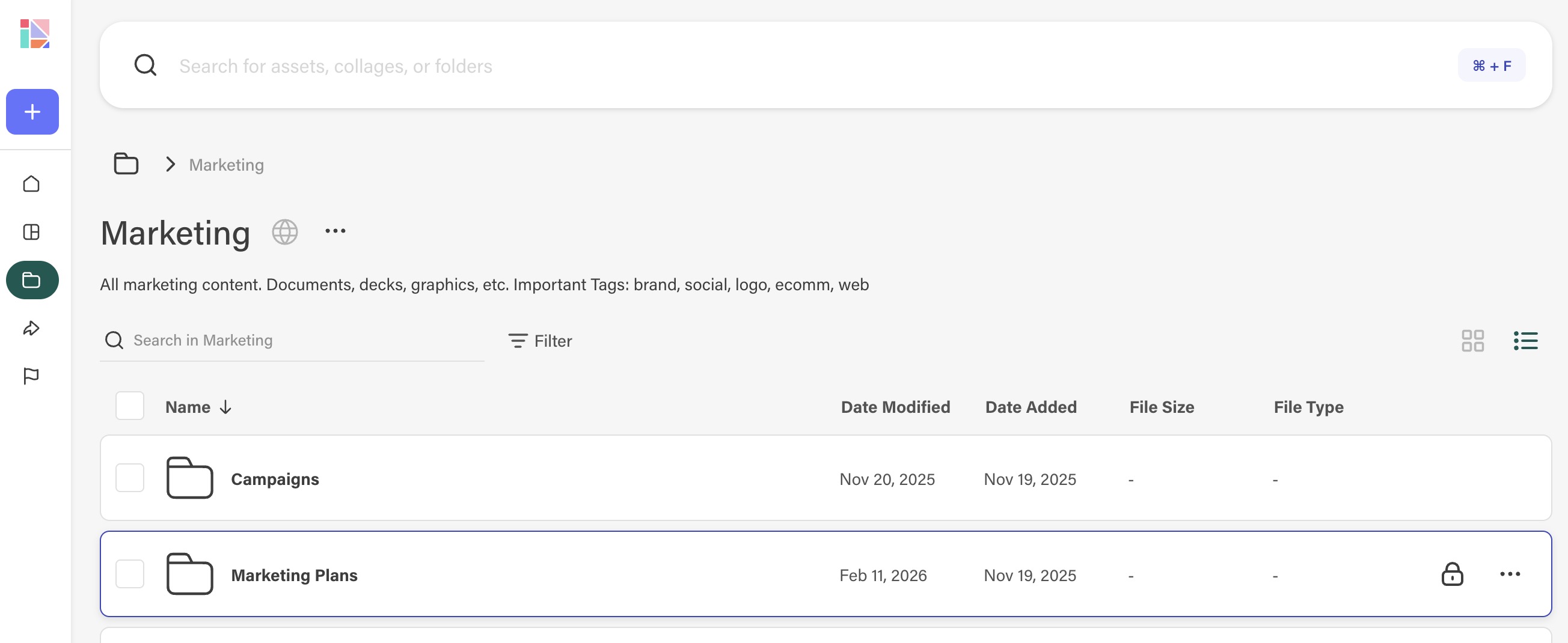 Marketing folder expanded showing Campaigns and Marketing Plans subfolders