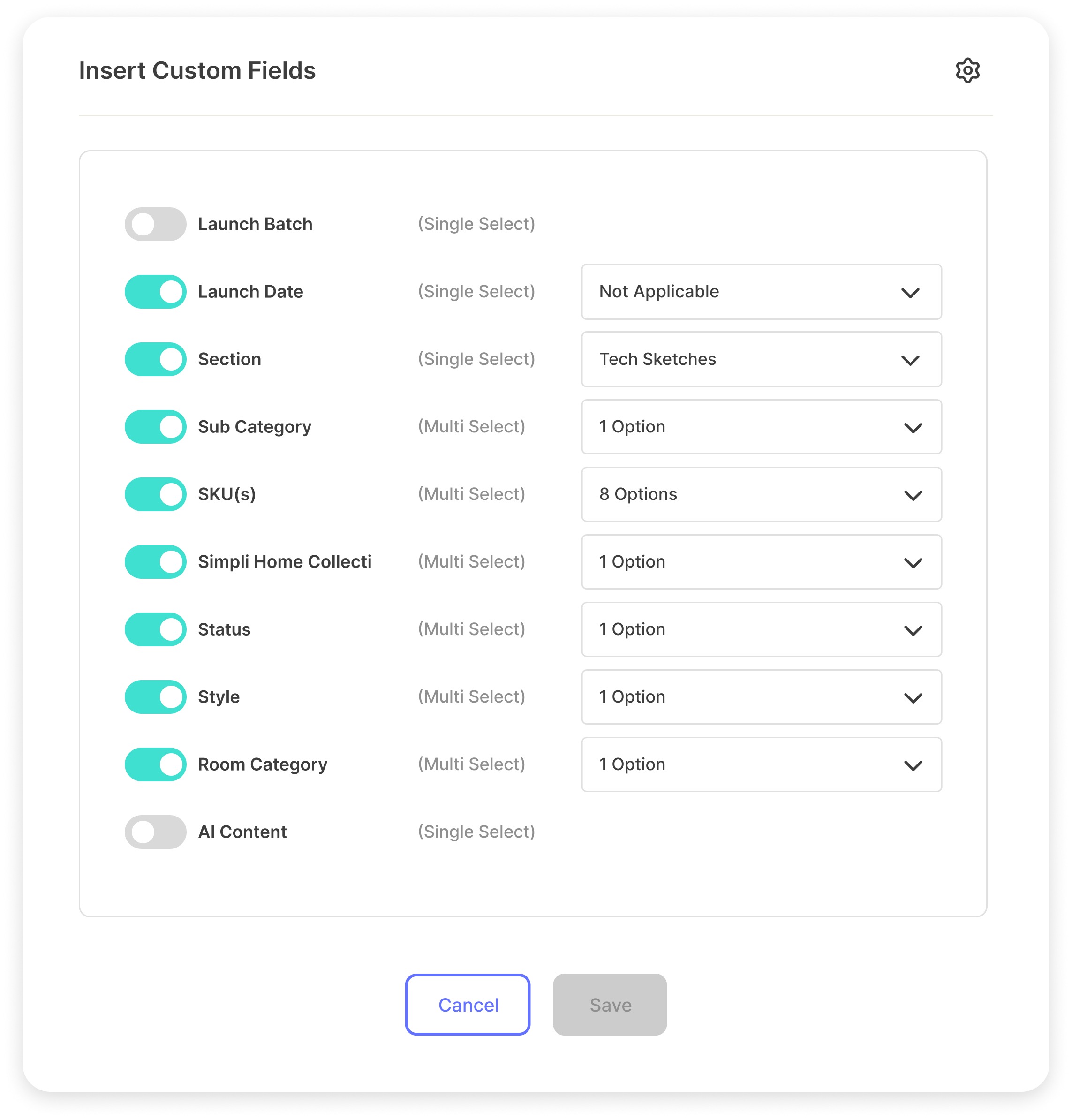 Insert custom fields dialog