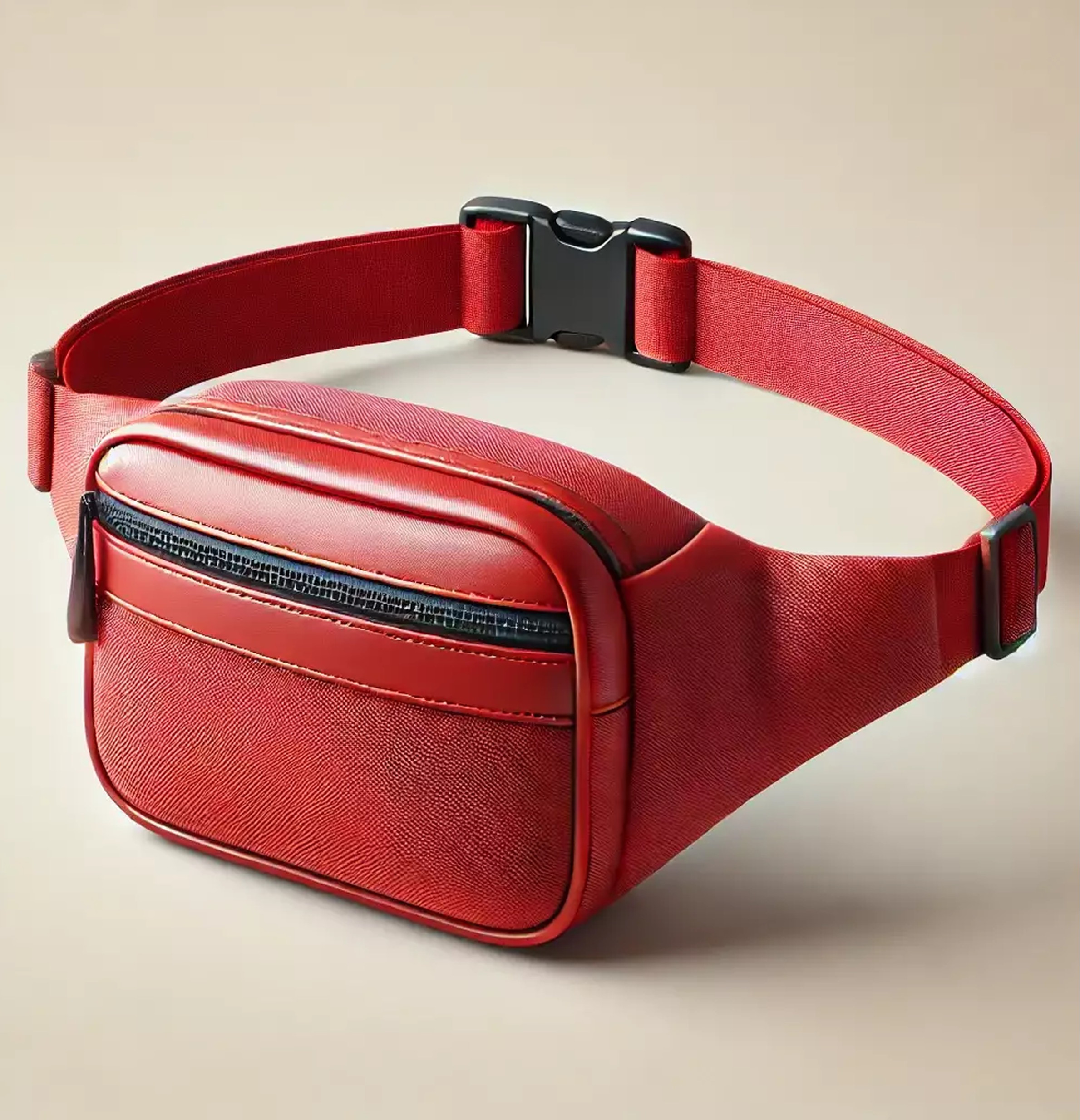Product photography of a red belt bag