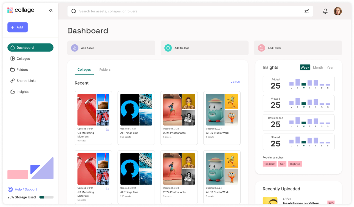 A screenshot of a digital asset management dashboard featuring insights and recent uploads.